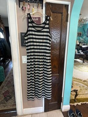 Sleeveless Black and Gray Striped Maxi Dress - Casual Everyday Style